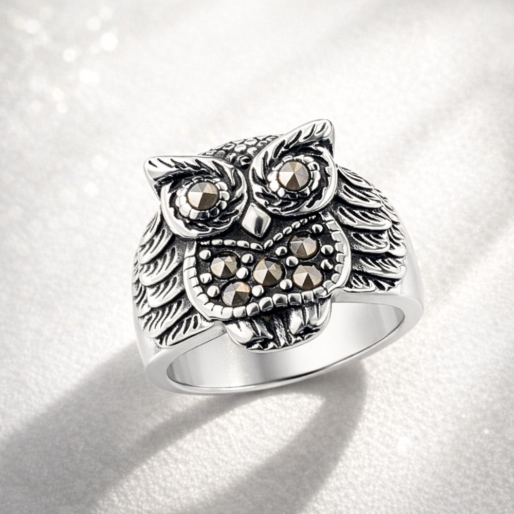 Swiss Marcasite Owl Ring Black Oxidized Stainless Steel 0.50 CTW Statement Ring